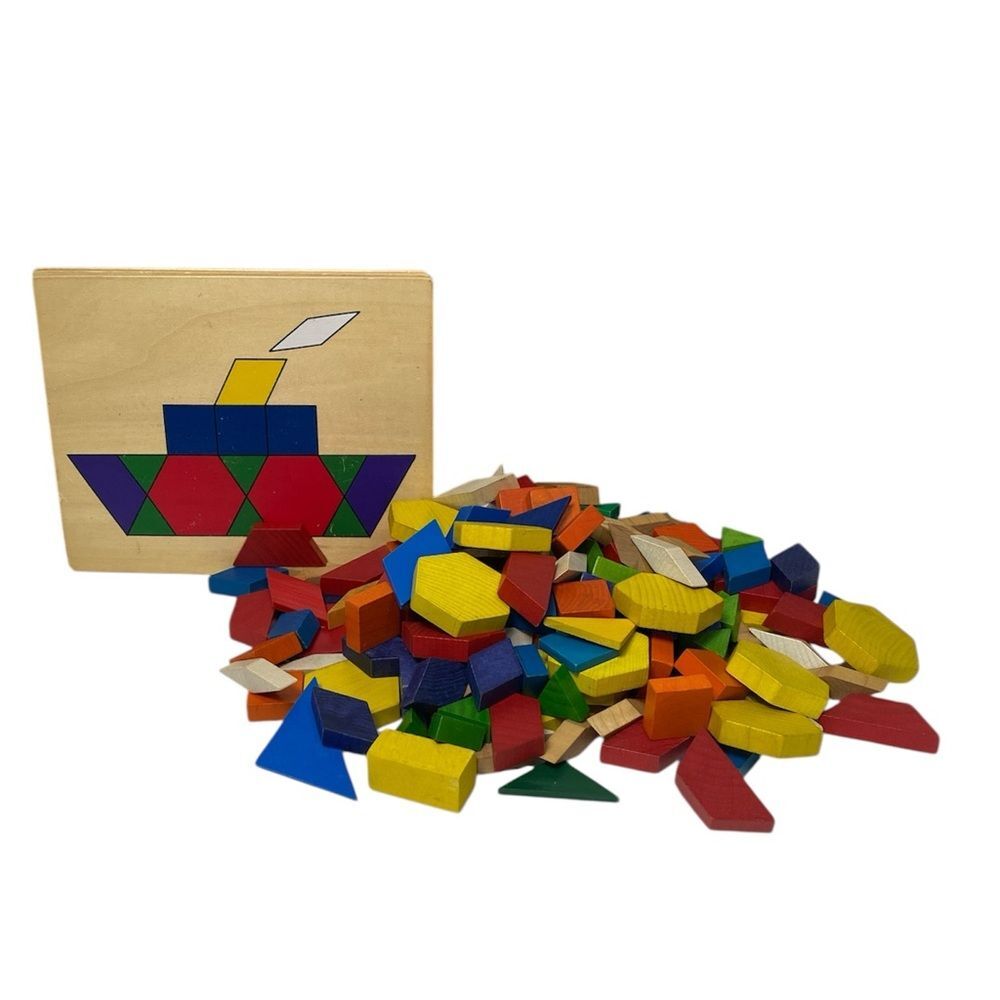 Wooden Tangram Puzzle Shapes w/ 3 Double-Sided Pattern Boards Math Toy